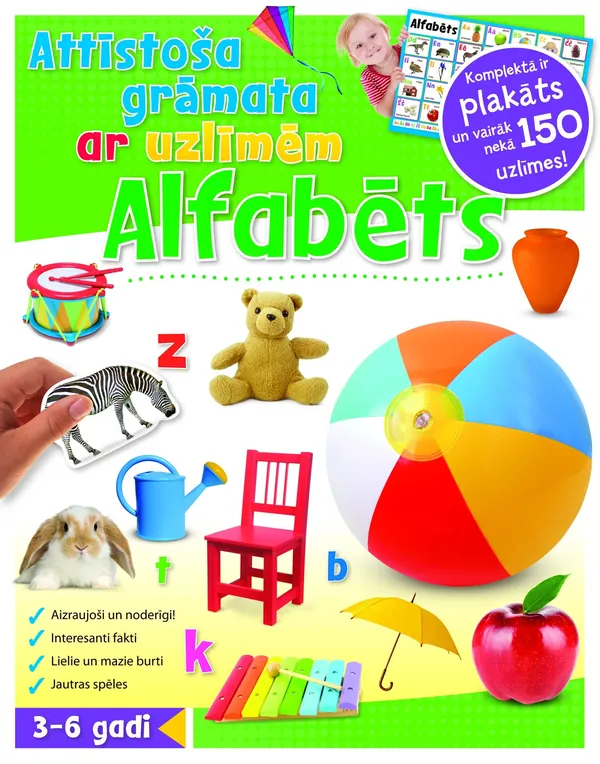 Alfabēts. Attīstoša grāmata ar uzlīmēm + plakāts (3-6 gadi)